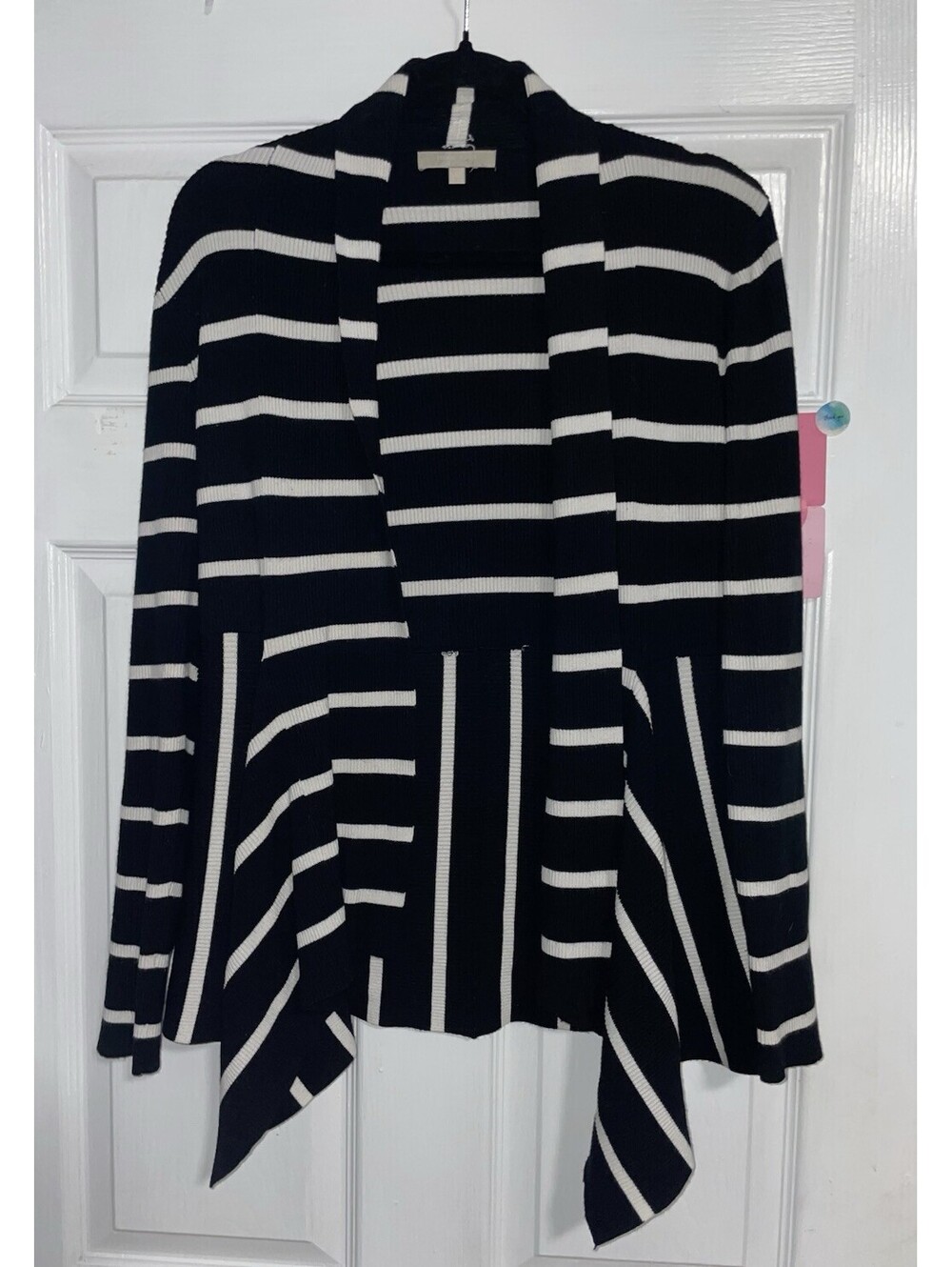 Womens joan Vass Black White Stripe Rib Knit Cardigan Sweater Size Large